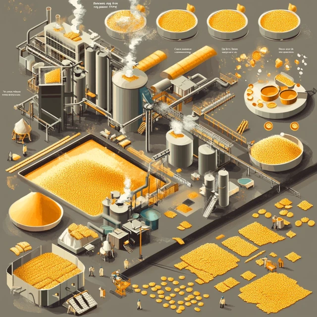 This image illustrates the corn flakes production process, highlighting key steps like cooking, rolling, and toasting, offering an educational overview of how they are made. Diagram showing the step-by-step process of how corn flakes are made.