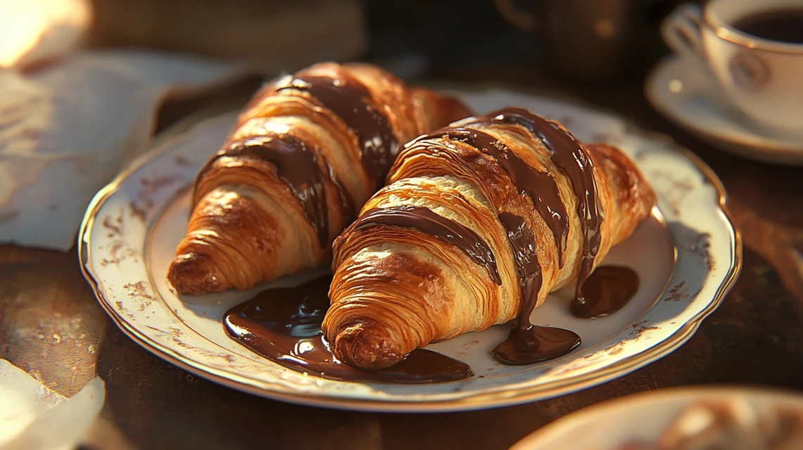 Golden chocolate croissants on a plate with melted chocolate and coffee.