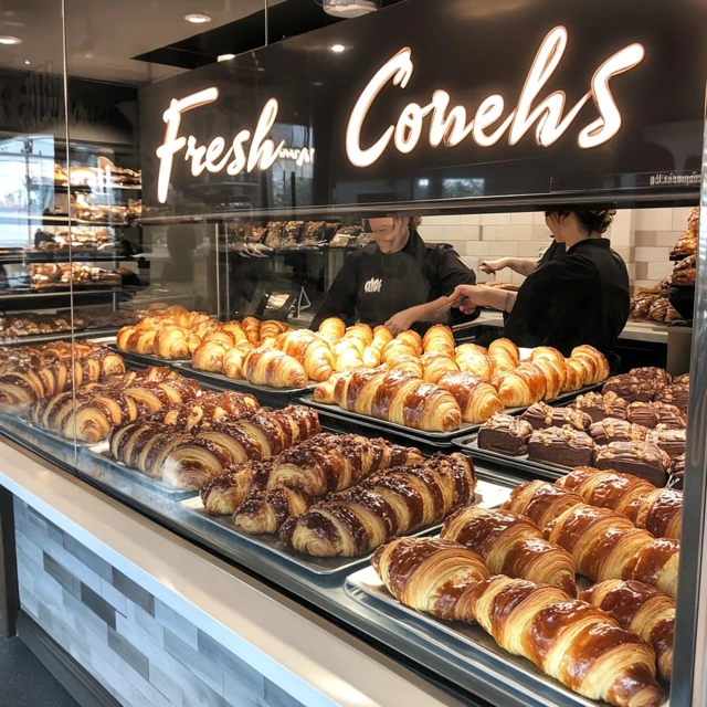 An inviting American bakery displaying chocolate croissants, emphasizing their popularity and familiarity in the U.S. market. American bakery with a sign advertising chocolate croissants.