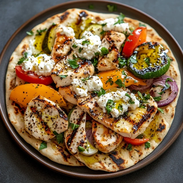 A serving of cottage cheese flatbread topped with savory ingredients, highlighting its versatile texture that pairs well with various toppings. Cottage cheese flatbread with vegetables, grilled chicken, and olive oil.