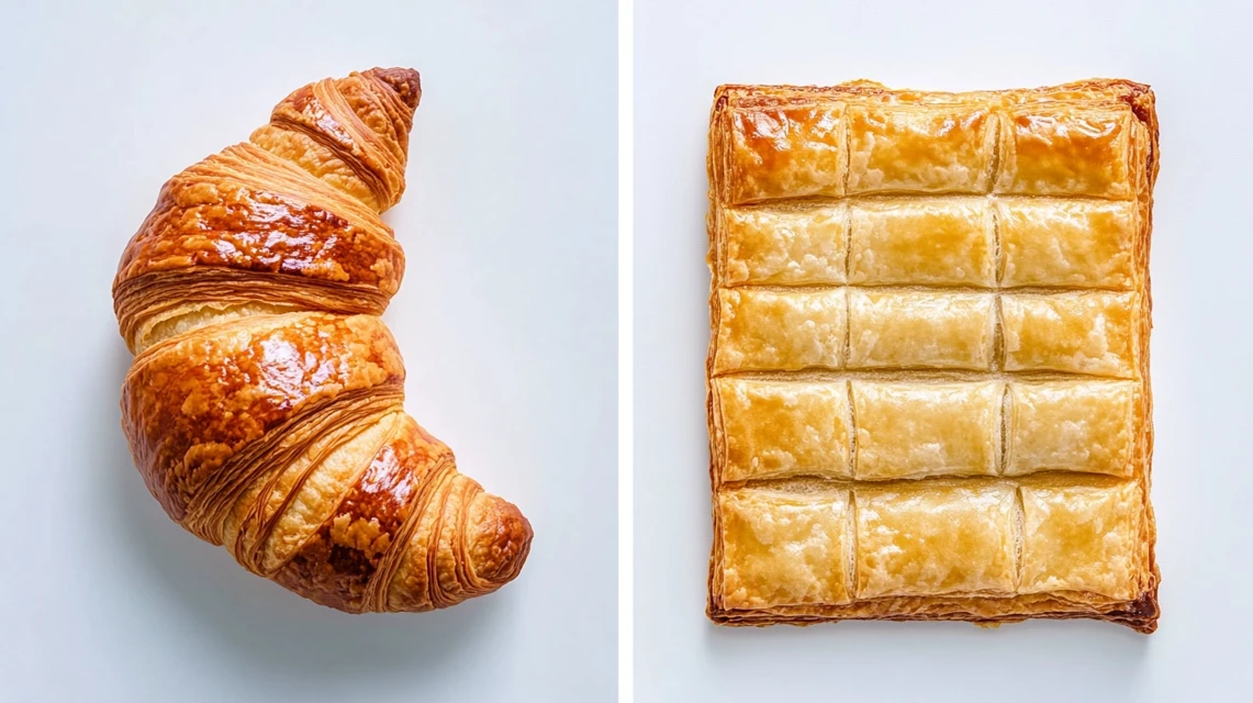 Comparison of croissant and puff pastry with different textures and shapes.