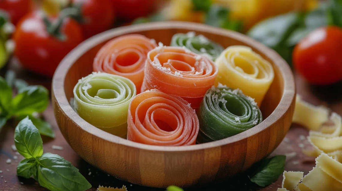 A bowl of uncooked wheel-shaped pasta with fresh ingredients like tomatoes and basil.