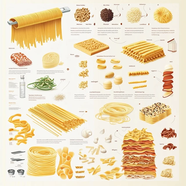 A helpful pasta guide infographic categorizing the four main pasta types, providing insights into their best uses and sauce pairings. An infographic showing the four types of pasta with labels and sauce pairings.