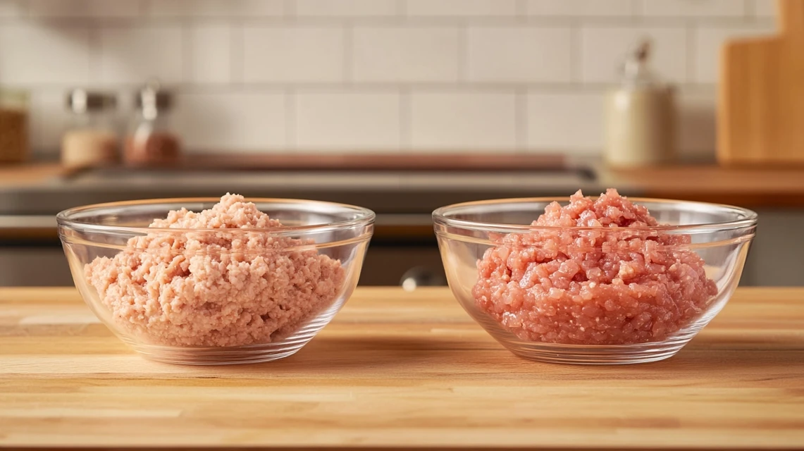 Comparison of ground chicken and chicken mince in bowls showing texture differences.