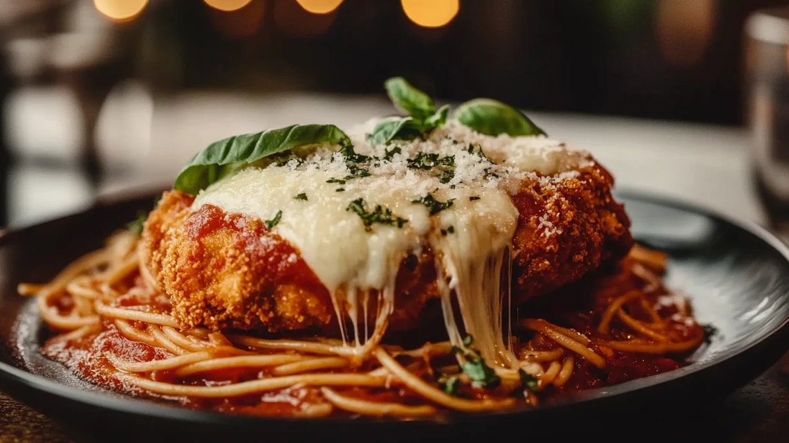 Chicken Parmigiana topped with marinara, mozzarella, and Parmesan cheese on a plate.