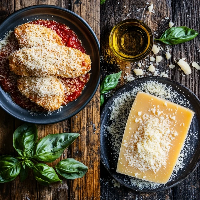 A visual comparison of Chicken Parmigiana as a dish and Parmesan cheese as an ingredient, highlighting their distinct roles in cooking. Side-by-side comparison of Chicken Parmigiana and Parmesan cheese.