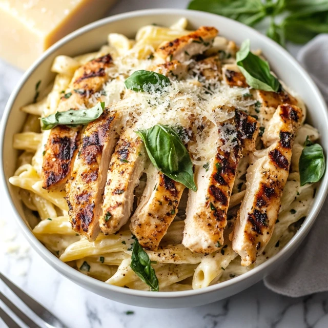 Creamy Garlic Parmesan pasta paired with grilled chicken, showcasing a classic combination of rich flavors. Creamy Garlic Parmesan pasta with grilled chicken and fresh basil.