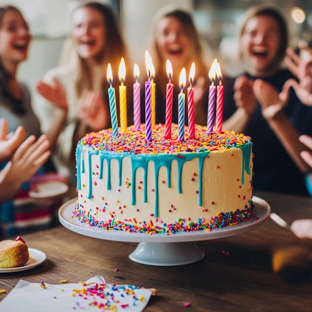 A cheerful birthday cake with candles, representing growth, gratitude, and the joy of celebrating milestones. A birthday cake with lit candles symbolizing celebration and gratitude.