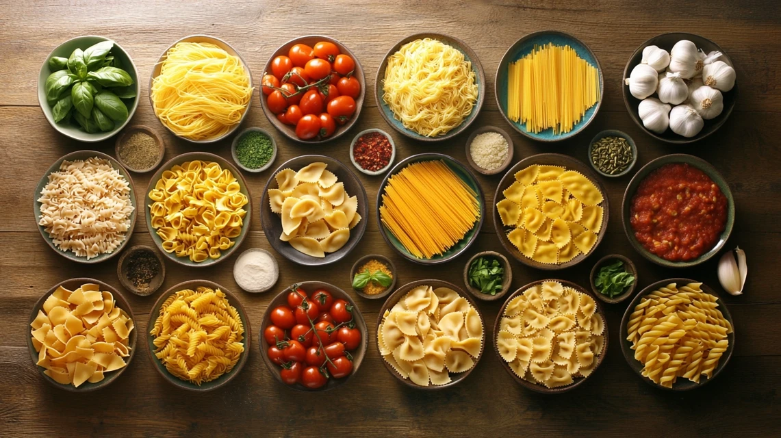 Different types of pasta arranged on a wooden table with ingredients like tomatoes and basil.