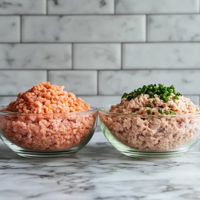 An easy-to-follow visual representation of the grinding process, from chicken preparation to achieving the perfect ground texture. Step-by-step process of grinding chicken using a food processor.