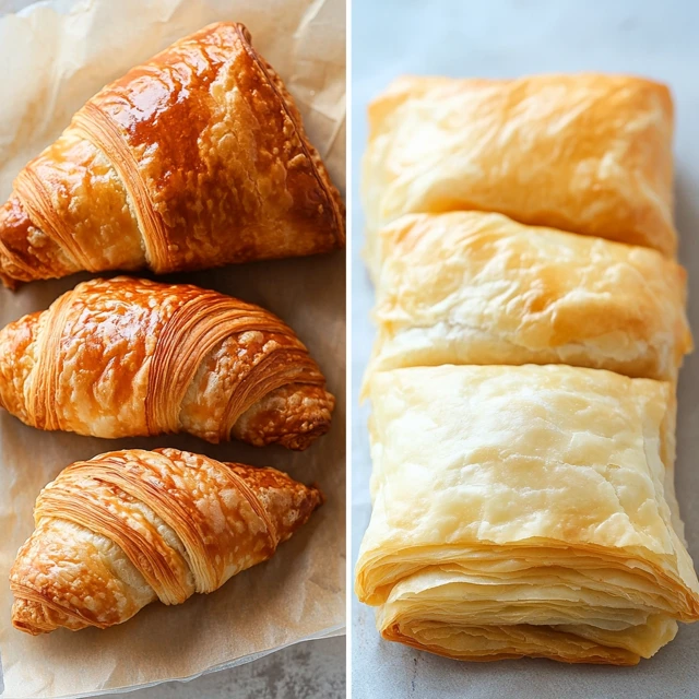 A visual comparison of croissant rolls and puff pastry turnovers, demonstrating their texture, layers, and appearance after baking. Side-by-side comparison of baked croissants and puff pastry turnovers showing texture differences.
