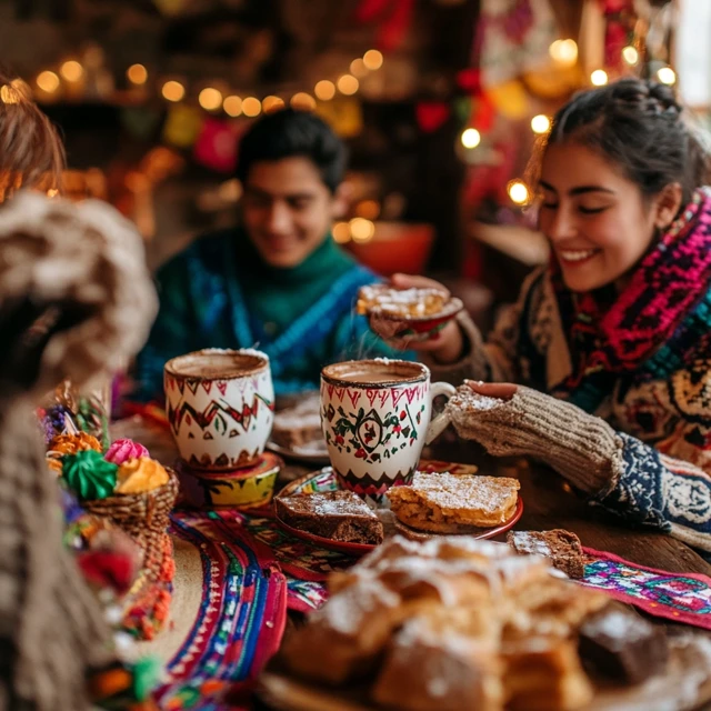 A heartwarming scene of a family sharing Mexican hot chocolate and pan dulce during a celebration, reflecting the cultural significance of this traditional drink. Family enjoying Mexican hot chocolate with pan dulce in a festive setting.
