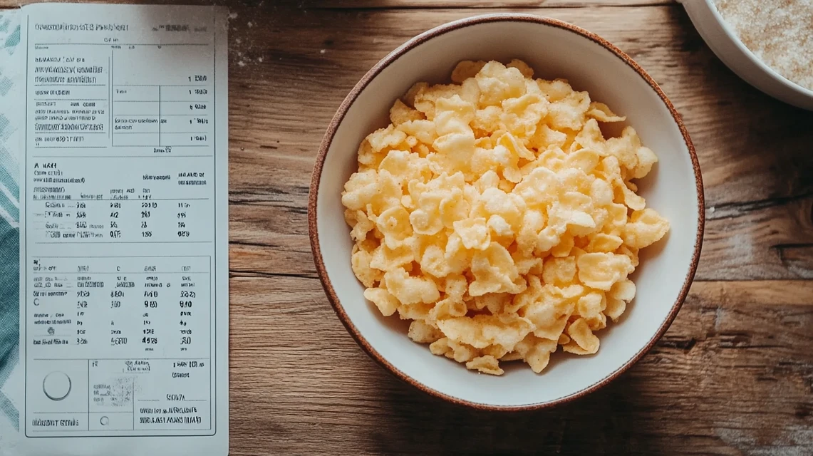 A bowl of plain corn flakes with a nutrition label highlighting sugar content.