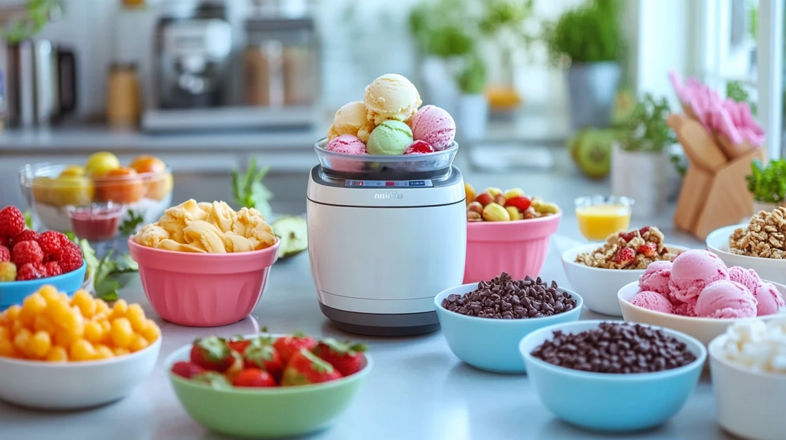 Ninja Creami machine with various homemade frozen desserts on a kitchen counter.