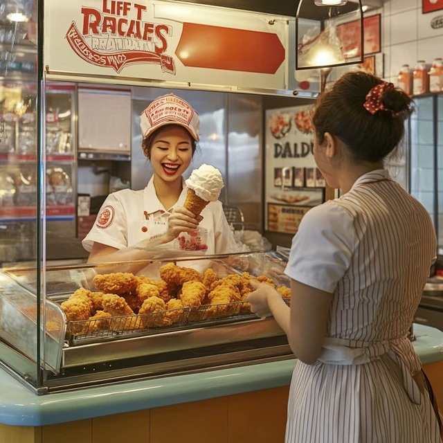 A representation of where fried chicken ice cream originated, showcasing its playful appeal in an ice cream parlor setting. A Life Raft Treats shop counter displaying fried chicken ice cream, with a staff member serving a customer.