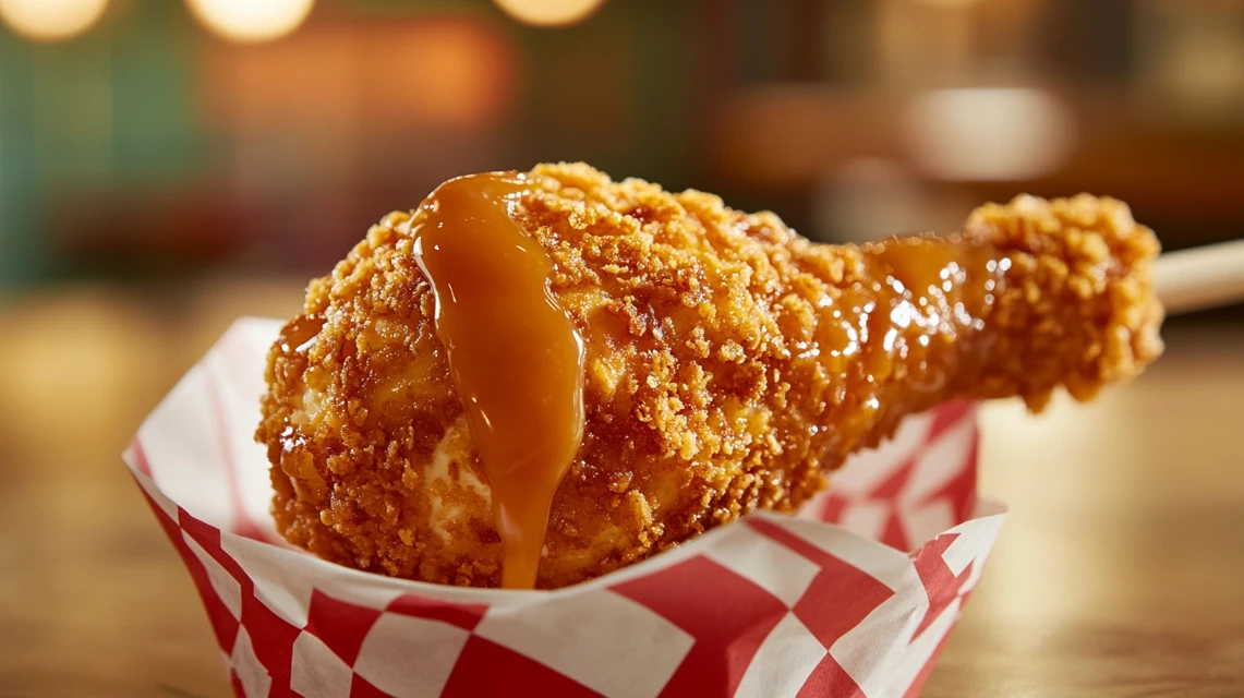 Crispy fried chicken drumstick on a wooden platter with dipping sauces.