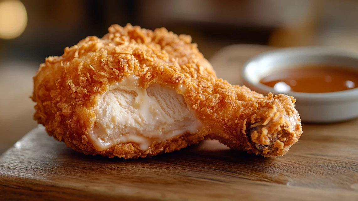 A gourmet fried chicken drumstick with a crispy golden crust, served with dipping sauces and herbs.