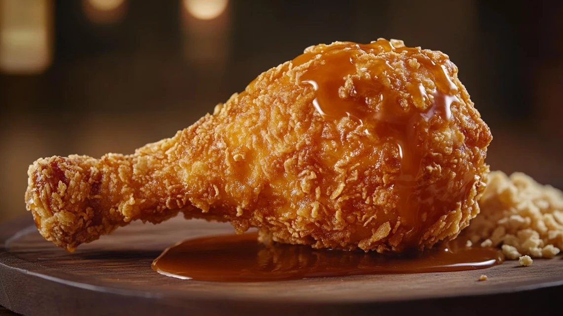 A crispy golden fried chicken drumstick on a wooden plate with dipping sauce and biscuits.