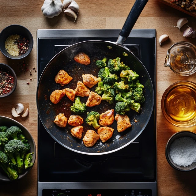 A step-by-step look at the chicken broccoli cooking process, showcasing golden-seared chicken in a pan, fresh broccoli being blanched, and carefully arranged seasonings for a perfect meal. Chicken being sautéed in a pan while broccoli is blanched in boiling water.