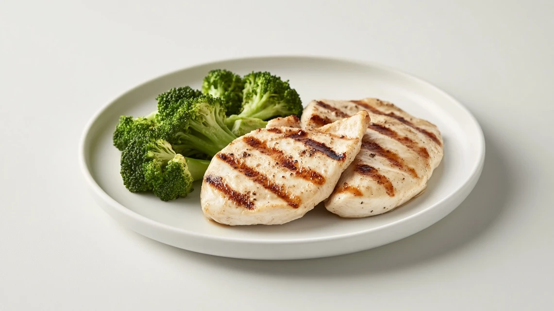 A plate with grilled chicken breast and steamed broccoli, arranged neatly.