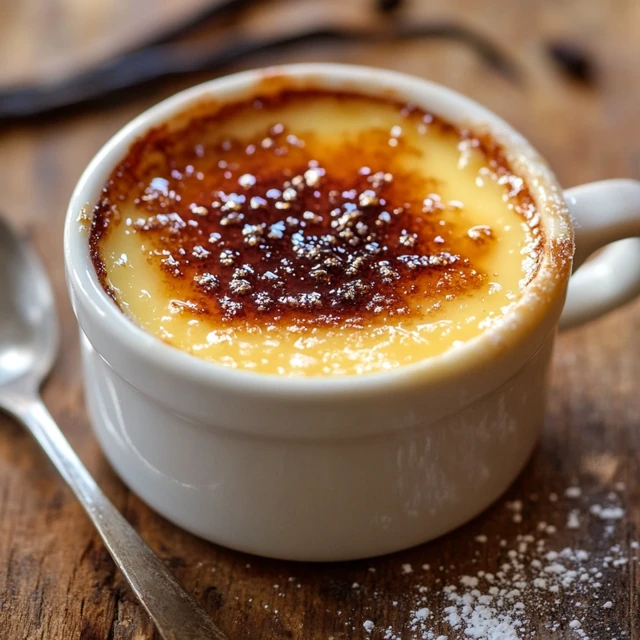 An alternative method of baking crème brûlée in a large dish instead of individual ramekins, with a perfectly torched sugar crust. A large crème brûlée baked in a glass baking dish, being caramelized with a kitchen torch.