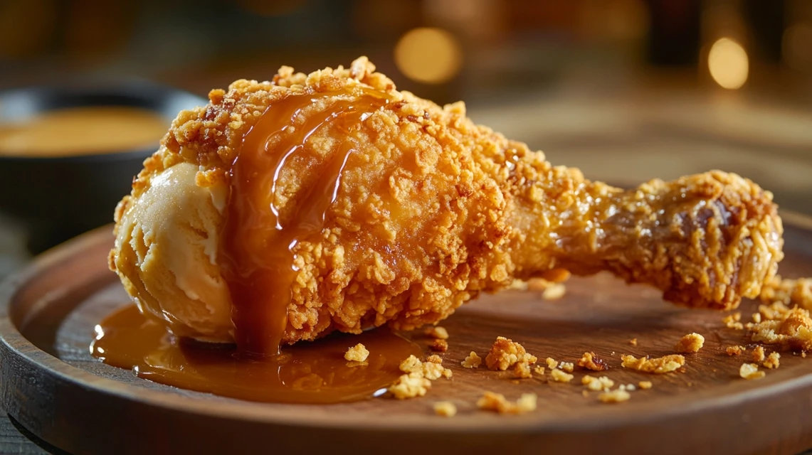 A crispy fried chicken ice cream drumstick with a bite taken out, revealing creamy vanilla ice cream inside.