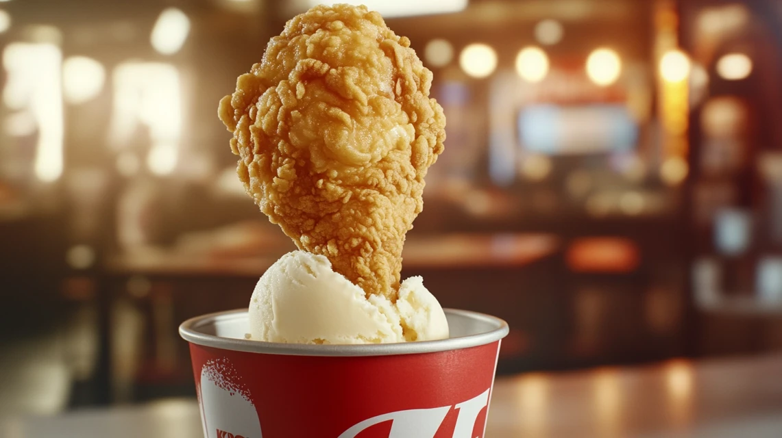 A bucket of fried chicken ice cream drumsticks, designed to look like real fried chicken but made of ice cream.