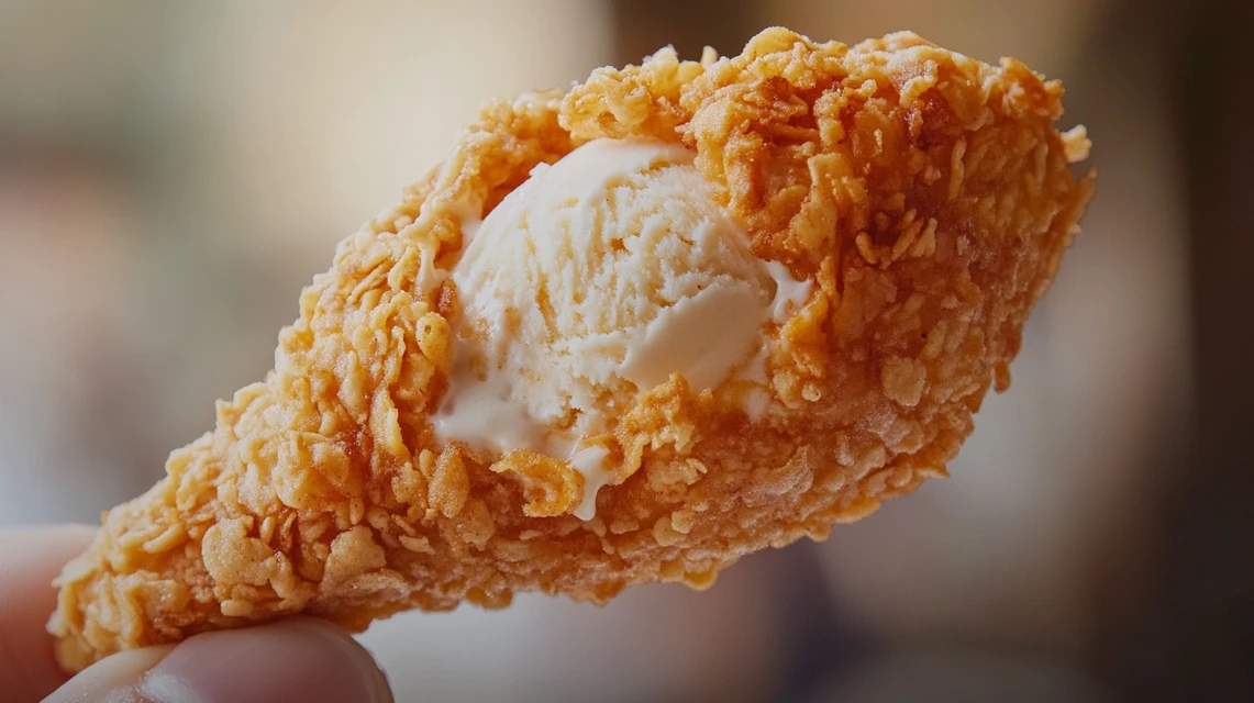 A crispy fried chicken ice cream drumstick with a bite taken out, showing creamy vanilla ice cream inside.