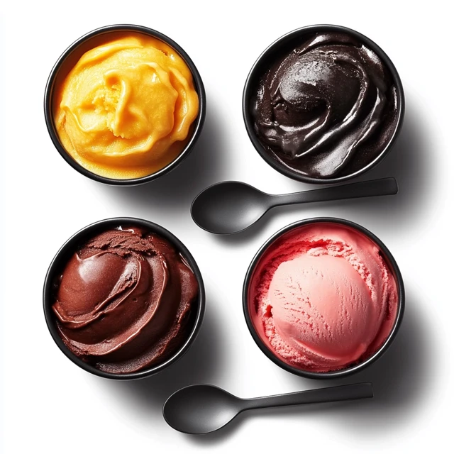 A showcase of the various frozen treat textures achievable with the Ninja CREAMi, highlighting its ability to make everything from gelato to healthy high-protein desserts. Different textures of frozen treats made with the Ninja CREAMi, including gelato, sorbet, frozen yogurt, and high-protein ice cream.