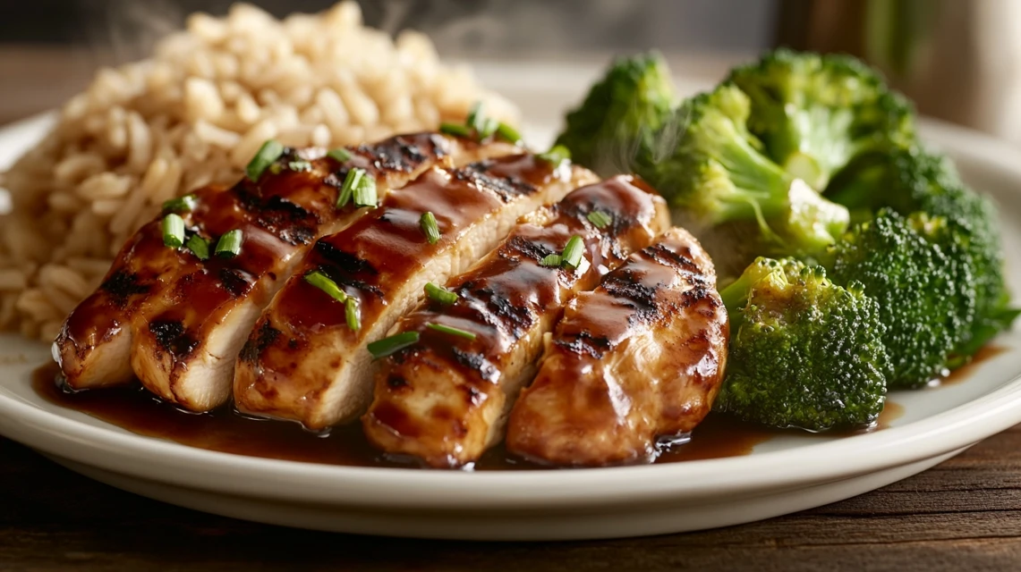 Meal prep containers filled with grilled chicken, broccoli, and brown rice.