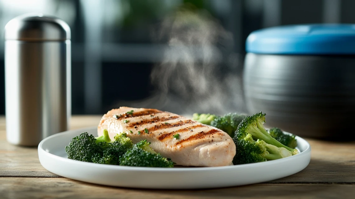 A plate of grilled chicken breast and steamed broccoli, served as a bodybuilding meal.