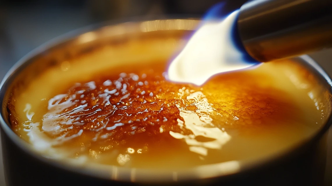 A kitchen torch caramelizing the sugar crust of a crème brûlée.