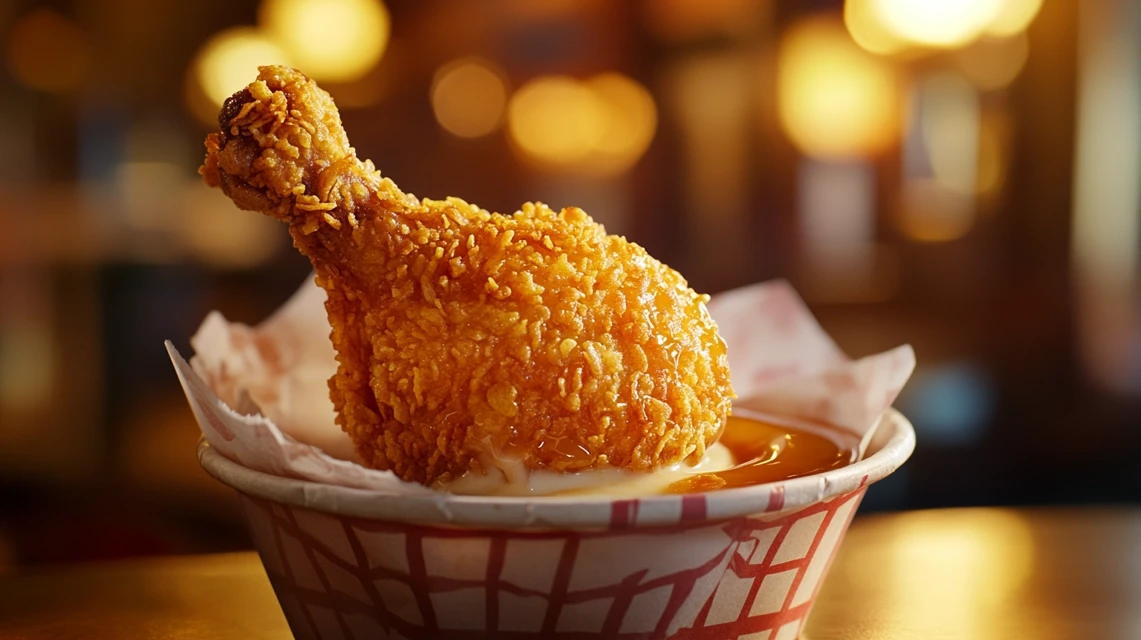 Fried chicken ice cream served in a paper basket, resembling a crispy drumstick with a caramel dipping sauce.