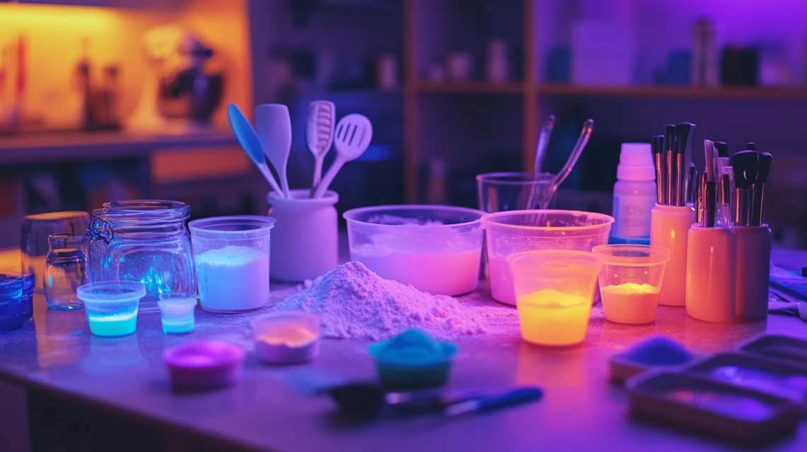 Essential slime-making ingredients arranged on a table.