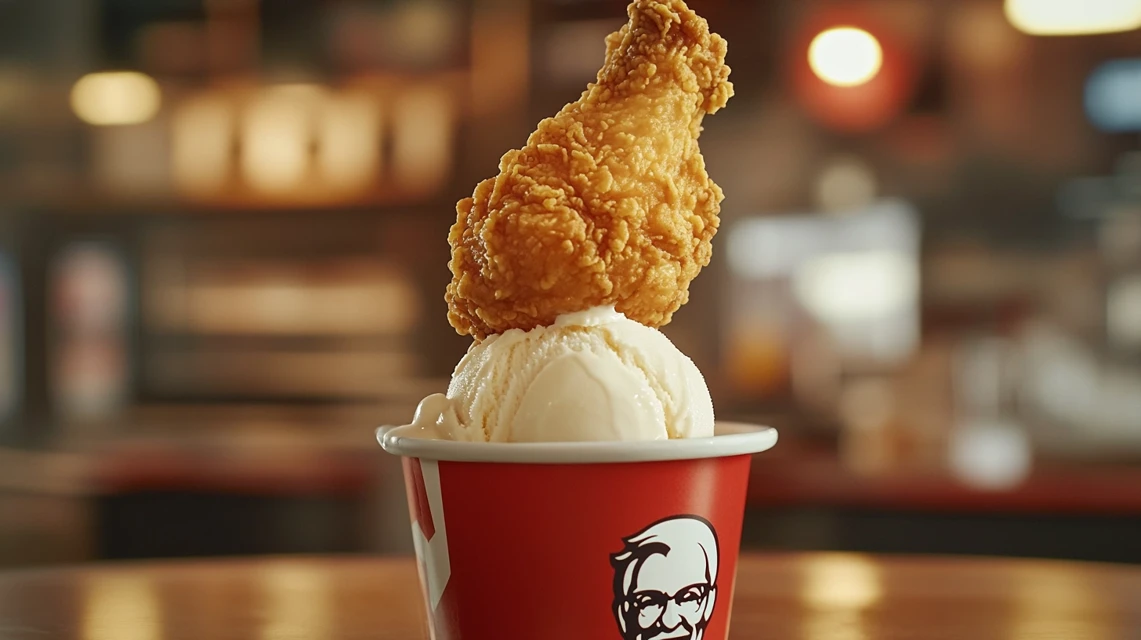 A Prime Hydration drink placed on a KFC counter next to a meal, with menu screens in the background.