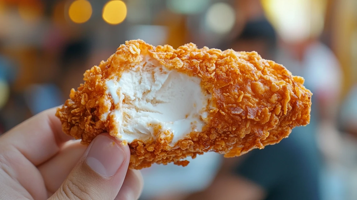 A crispy fried chicken drumstick resting on a fryer basket with bubbling oil in the background.