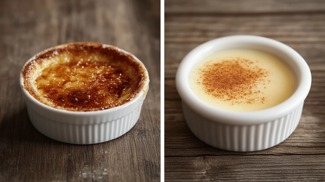 A side-by-side comparison of crème brûlée with a caramelized top and custard with a smooth texture.