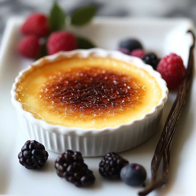 A visually appealing presentation of crème brûlée, emphasizing its rich custard base and caramelized sugar topping. A classic crème brûlée in a ramekin with a golden caramelized sugar top and vanilla bean garnish.