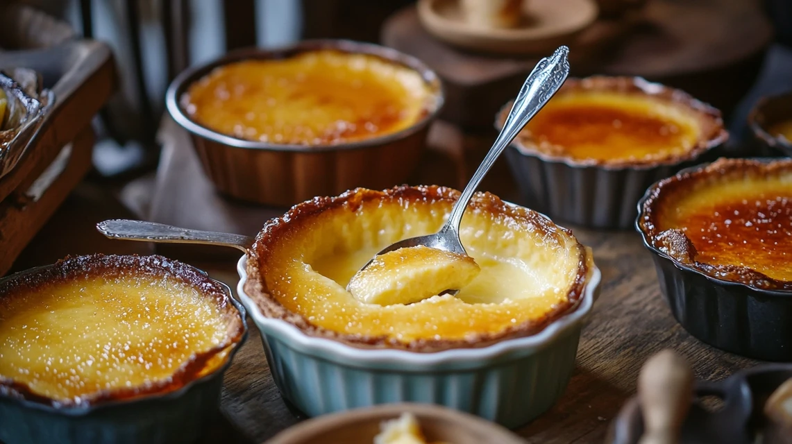 Crème brûlée served in alternative dishes like ceramic bowls, glass cups, and muffin tins, with caramelized sugar tops.