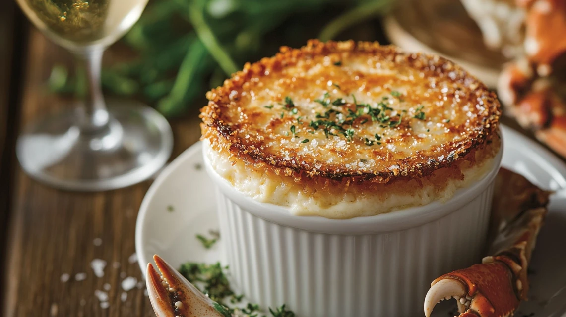 Crab brûlée in a ramekin with a crispy golden Parmesan crust, garnished with herbs and sea salt.