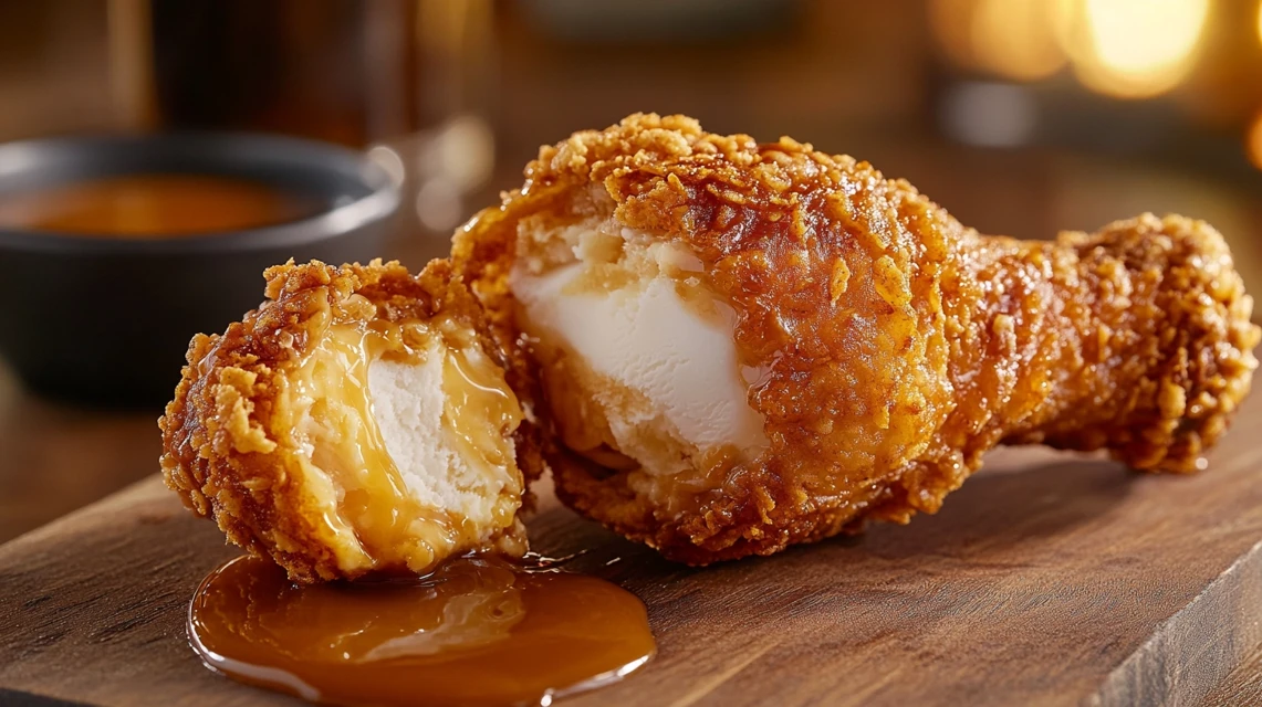 Not Fried Chicken Ice Cream drumstick with a crispy coating and creamy vanilla ice cream center.