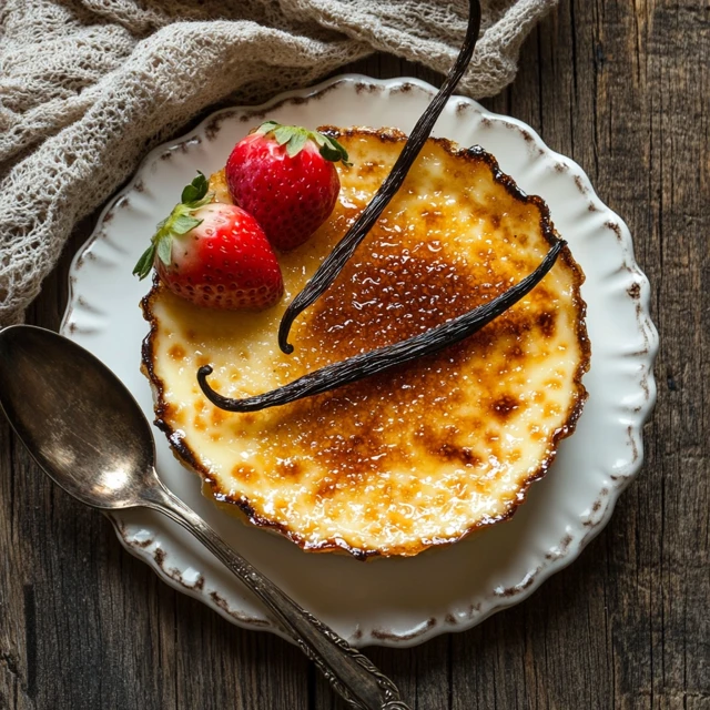 A visually appealing presentation of crème brûlée, emphasizing its smooth texture, glossy caramelized topping, and elegant garnishes. A perfectly made crème brûlée with a smooth custard base and a golden caramelized top.