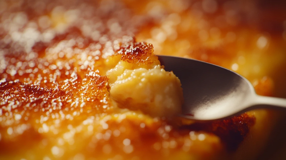 A spoon breaking the caramelized sugar crust of crème brûlée, revealing its creamy custard.