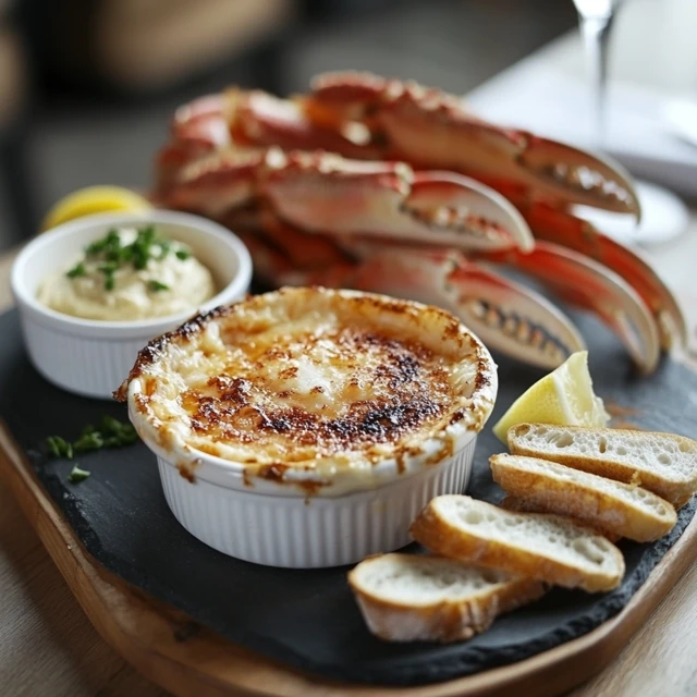 A close-up view of the texture contrast in crab brûlée, highlighting the creamy seafood filling and golden, torched crust. A spoon breaking into a crab brûlée, revealing its creamy custard under a crisp Parmesan crust.
