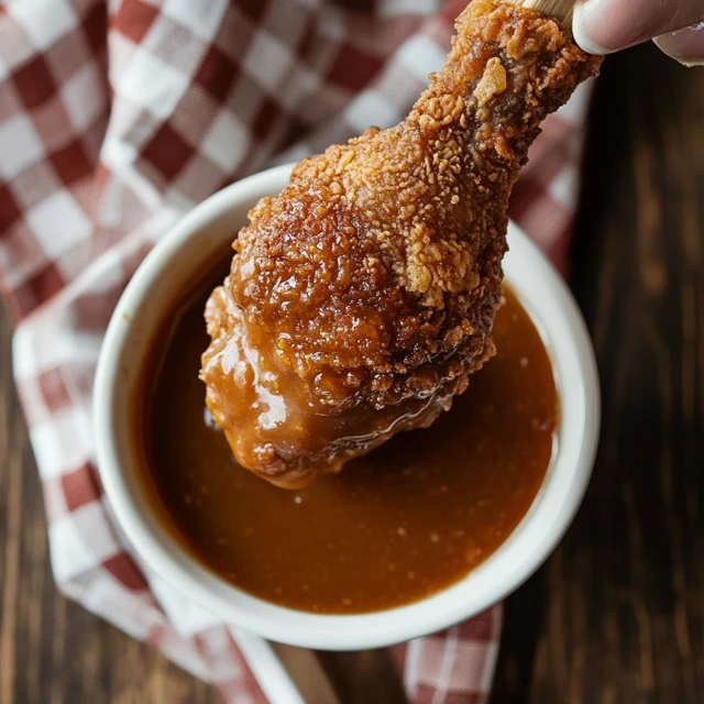 A unique dessert presentation showcasing the crispy, golden texture of fried chicken ice cream paired with a sweet dipping sauce. A fried chicken ice cream drumstick being dipped into caramel sauce, emphasizing its crunchy, golden exterior.