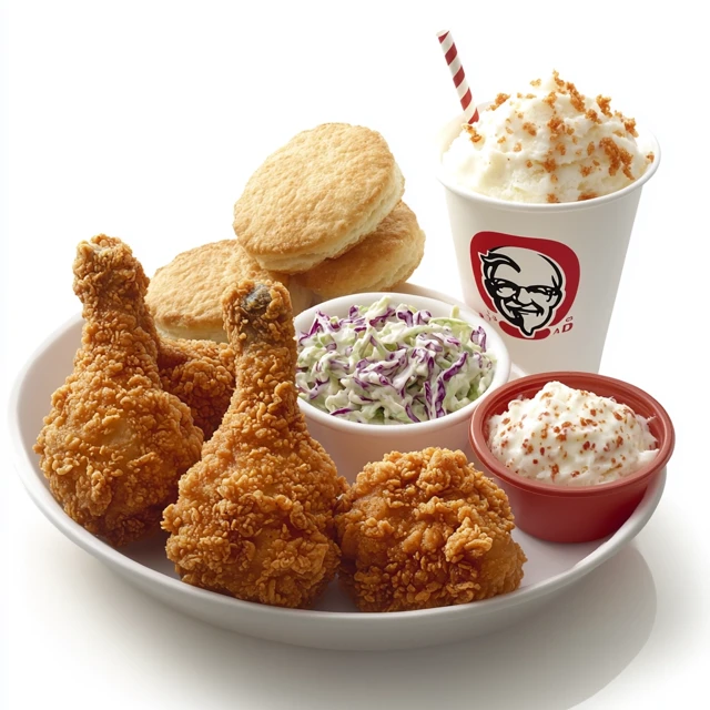 An illusion dessert designed to look like a classic KFC meal, with ice cream drumsticks posing as fried chicken. Fried chicken ice cream served in a fast-food tray with sides, mimicking a real fried chicken meal.