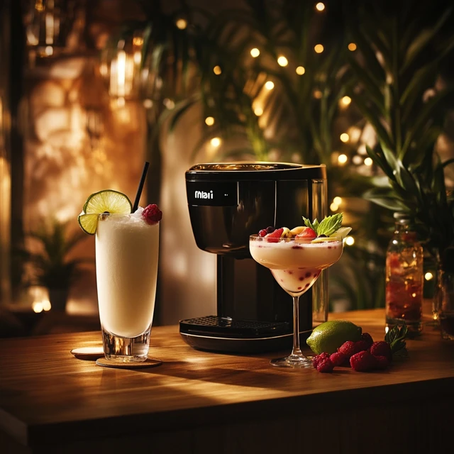 A stylish setup featuring frozen cocktails made using the Ninja CREAMi, demonstrating its ability to create fun, adult beverages beyond traditional ice cream. Frozen cocktails made with the Ninja CREAMi, including a piña colada and berry daiquiri.