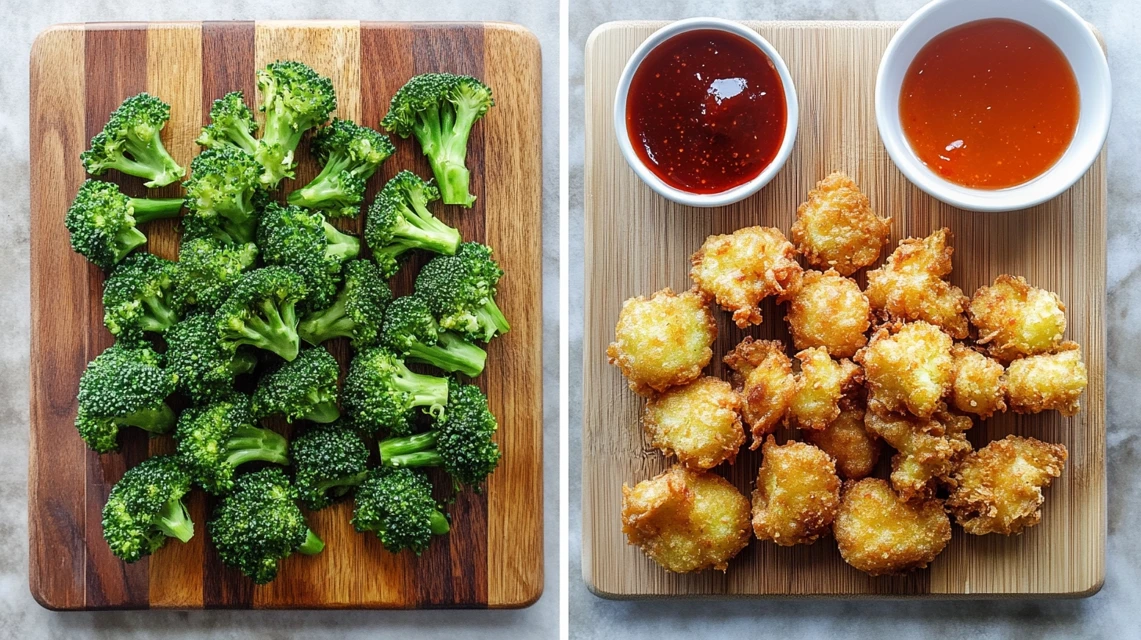 A comparison of boiled and fried broccoli, showing differences in texture and color.