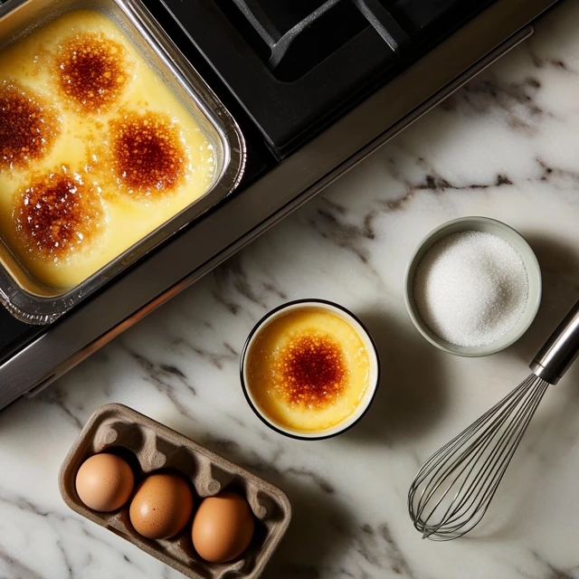A well-organized kitchen setup displaying the essential steps of making crème brûlée, from mixing to baking and caramelizing the top. A step-by-step crème brûlée preparation scene, showing ingredients and baking techniques.