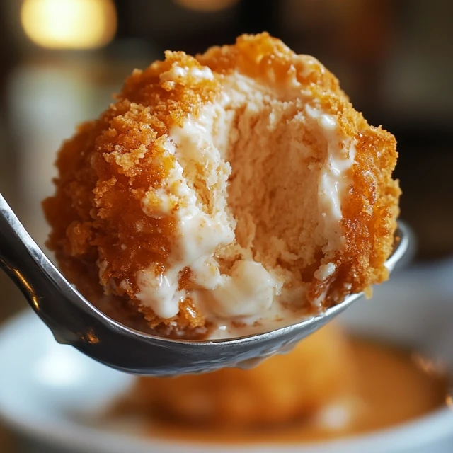 A detailed look at the texture and taste experience of fried chicken ice cream, featuring a crispy outer layer and creamy center. A spoon breaking into fried chicken ice cream, showing the contrast between the crunchy coating and soft vanilla ice cream inside.